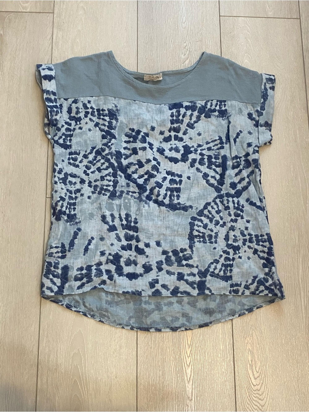 Light Blue Printed Short Sleeve Blouse with Navy Pattern by